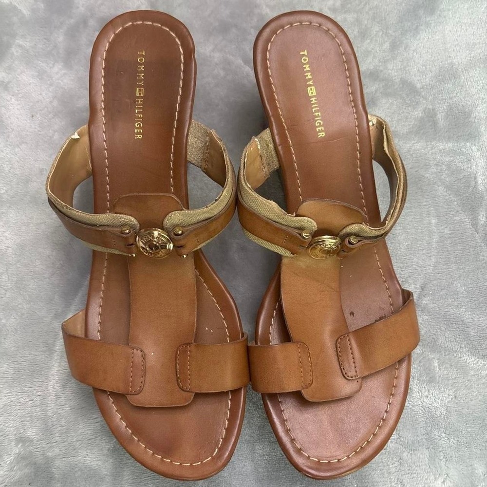 Tan Tommy Hilfiger Wedge Sandals w/ Gold Accents - 10